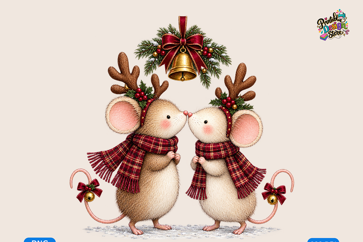 Whimsical Mice’ Christmas Kiss, a Seasonal Illustration by Printable Design Store (Photo 1 of 3)
