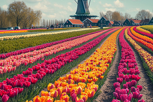 Colorful tulip field with dutch mill, a Nature Photo by MistyDay