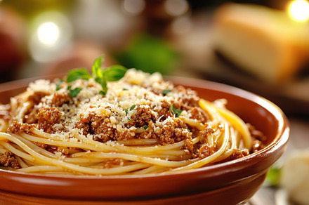 Spaghetti bolognese with ground beef in plate, a Food & Drink Photo by AlyaAnd