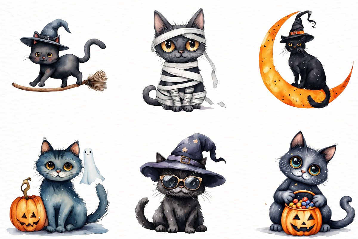 Cute Spooky Halloween Cats Clipart, a Seasonal Illustration by Designworld (Photo 2 of 8)