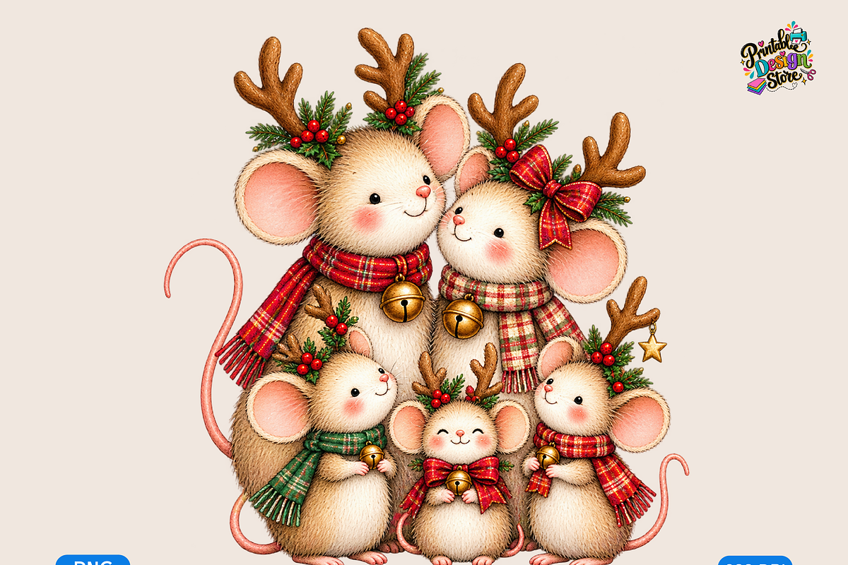 Whimsical Christmas Mouse Family, a Seasonal Illustration by Printable Design Store (Photo 1 of 3)