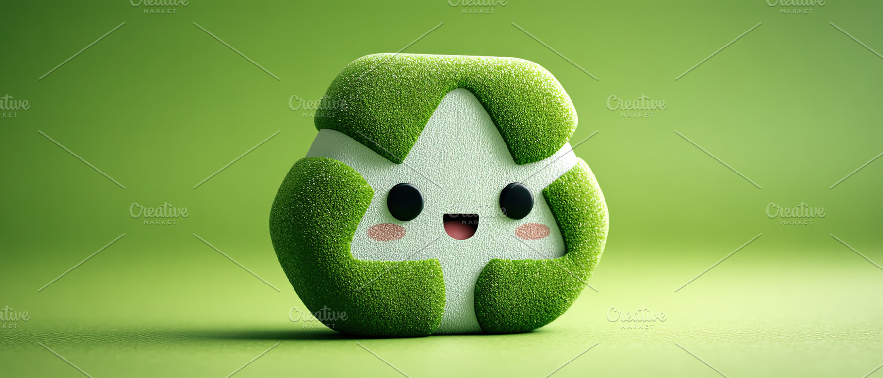 Adorable recycle symbol cartoon with a smiling face on a green b, an Abstract Photo by Ales Munt