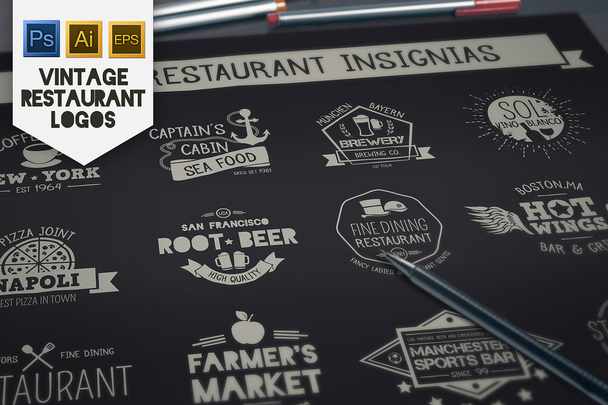 Vintage Restaurant & Bar Insignias, a Branding & Logo Template by Mikko Lemola (Photo 1 of 2)
