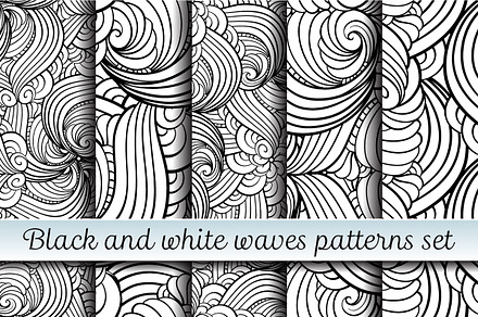 Black and white waves patterns set