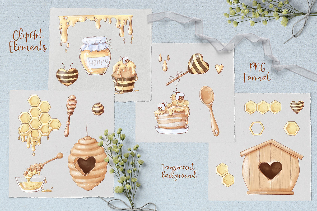 Bees & sunflowers Digital clipart., an Illustration by Yuliya Art (Photo 3 of 8)