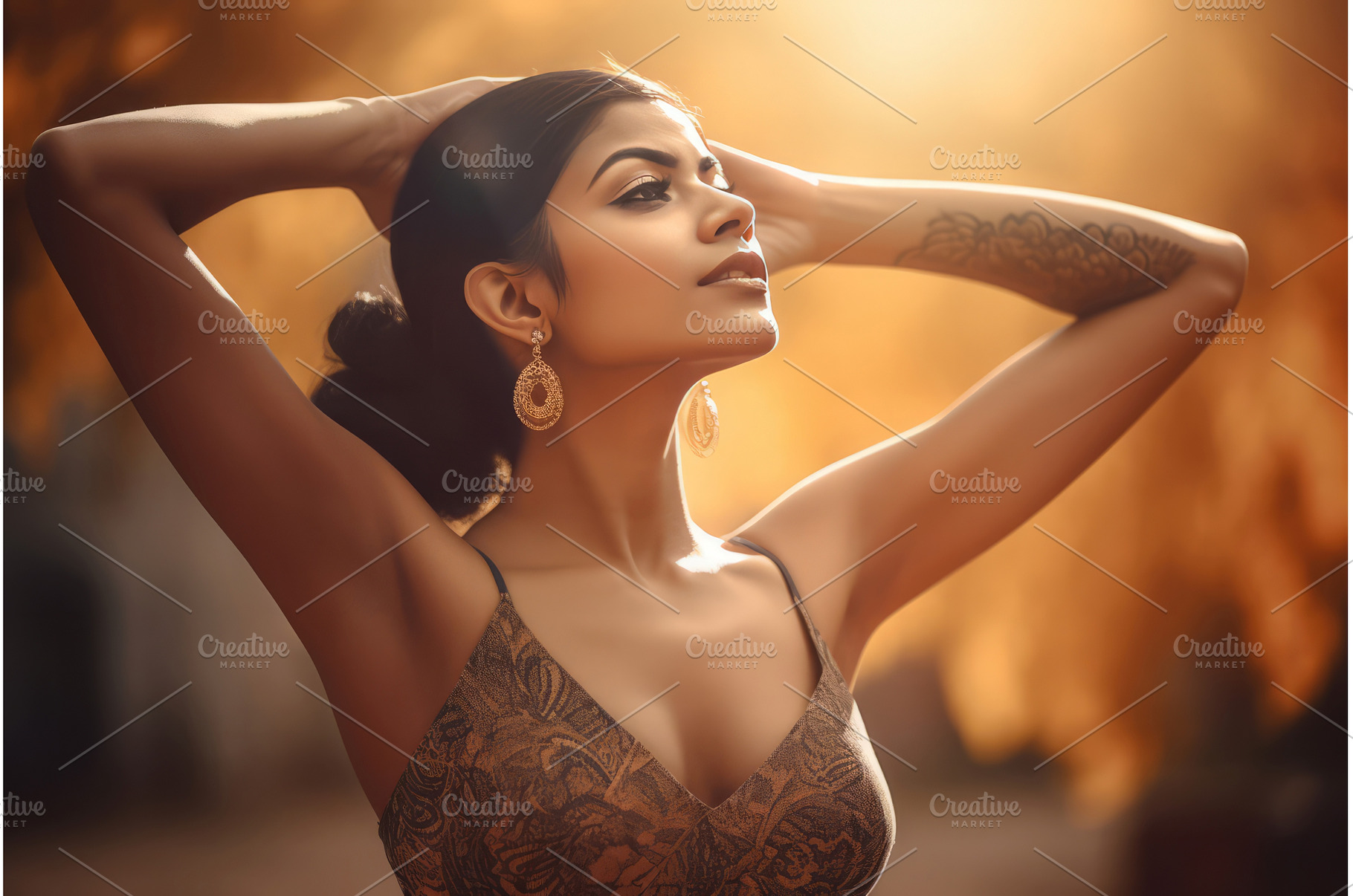 Indian woman with arms behind head, a Person Photo by Ylivdesign