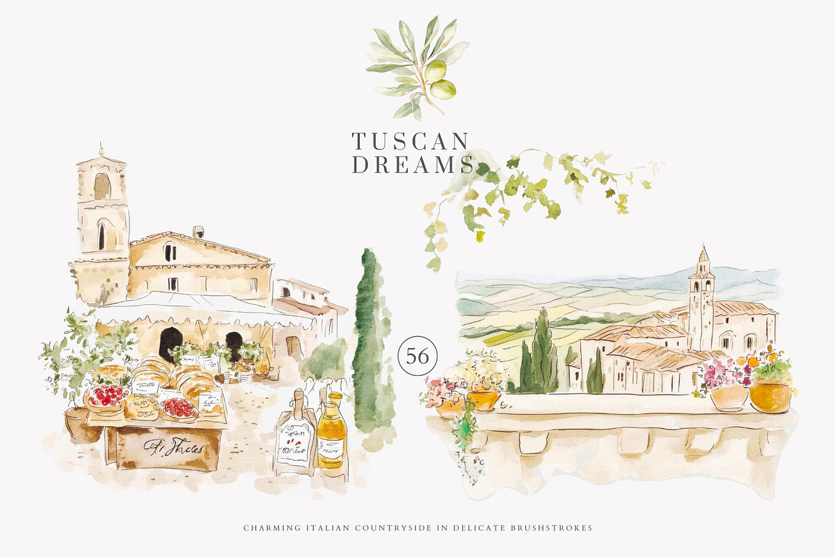 Tuscan clipart Italian watercolor, a Decorative Illustration by Patishop Art (Photo 5 of 11)