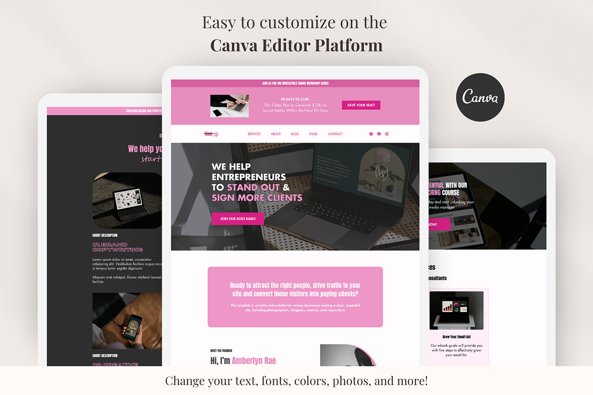 Pink Business Canva Website Template, a Landing Page Template by GlamWebDesigns (Photo 2 of 7)