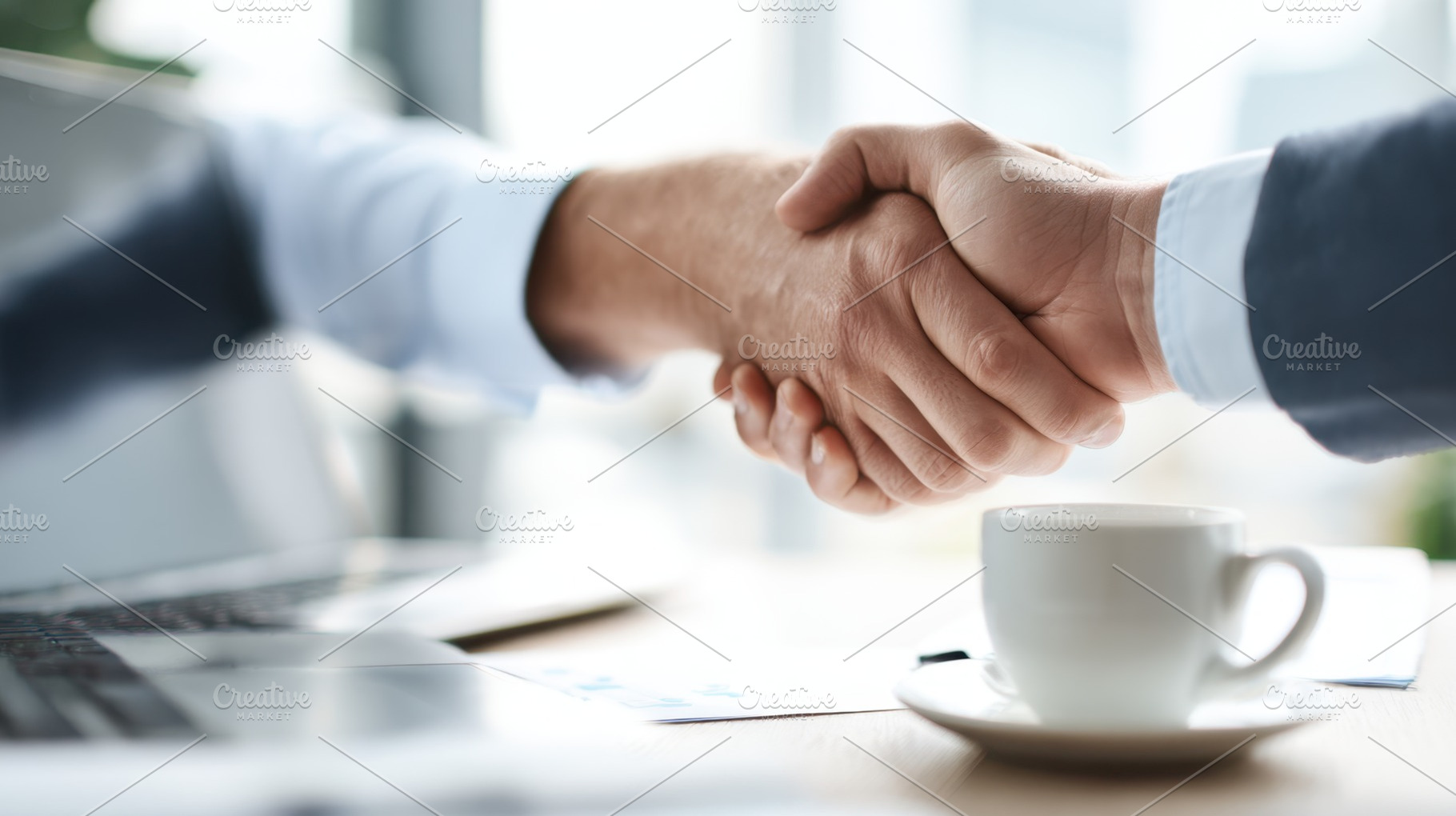 Two people shake hands in an office, a Photo by Beautiful things
