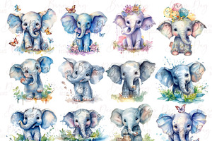 Watercolor Cute Elephant Clipart