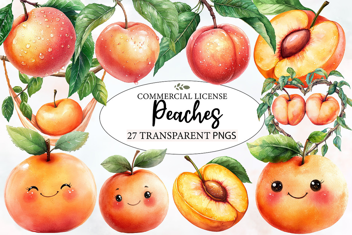 Watercolor Cute Peaches Garden Fruit, an Illustration by Designworld (Photo 1 of 7)
