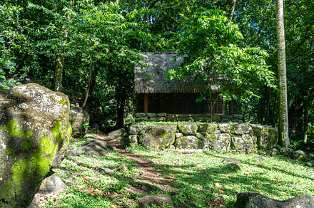 Thatched-roof building at Kamuihei archaeological site, Nuku Hiv