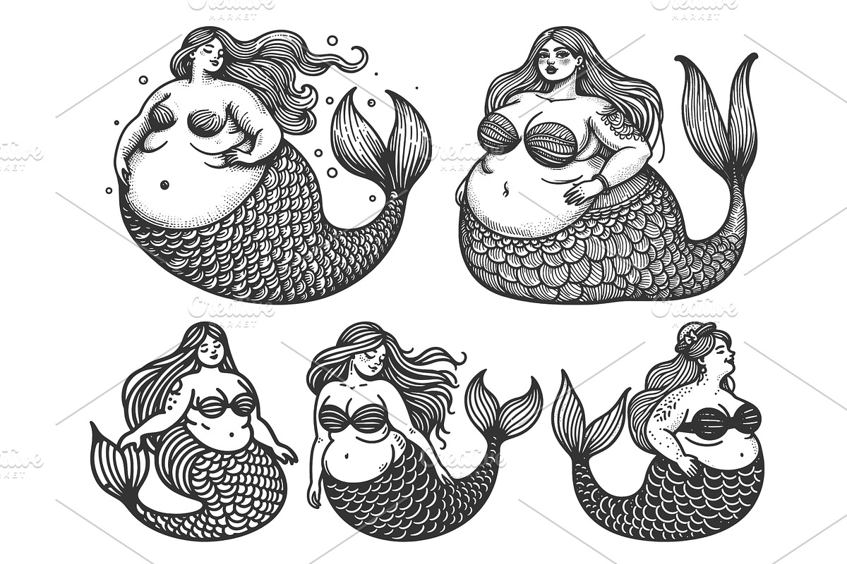 Plus-Size Mermaids engraving set, a Person Illustration by AlexArt