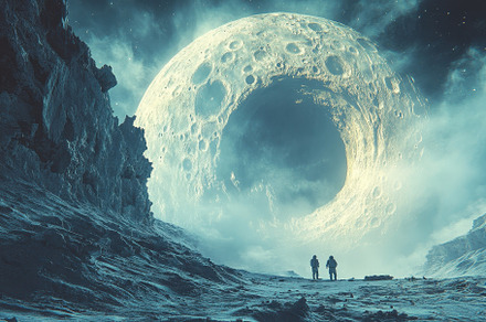 Two explorers stand on a lunar lands, a Photo by Tanuart