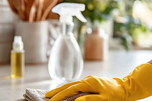 Cleaning kitchen countertop with yellow gloves and a microfiber cloth in bright, a Photo by AlyaAnd