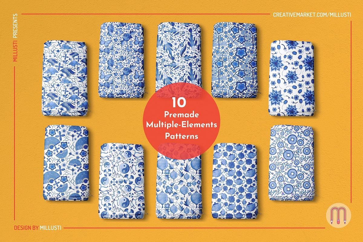 Chinoiserie Blue Watercolor Patterns, a Pattern Graphic by Millusti (Photo 6 of 11)