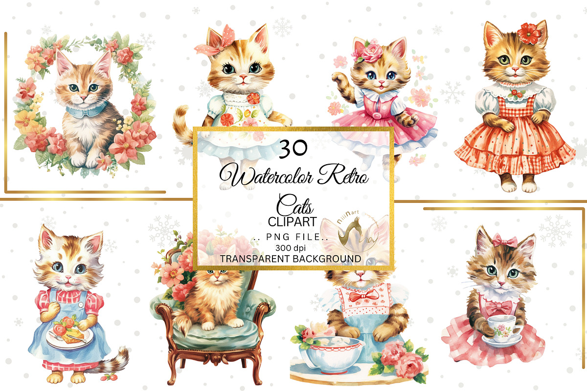 Watercolor Retro Floral Cats Clipart, an Illustration by NiiiNArt (Photo 4 of 6)