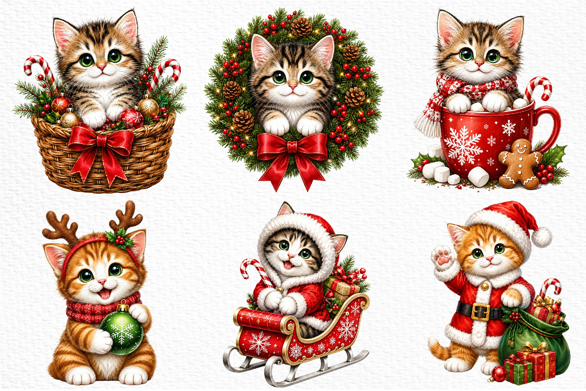 Whimsical Christmas Kitty Clipart, an Animal Illustration by Craft Nest (Photo 3 of 4)