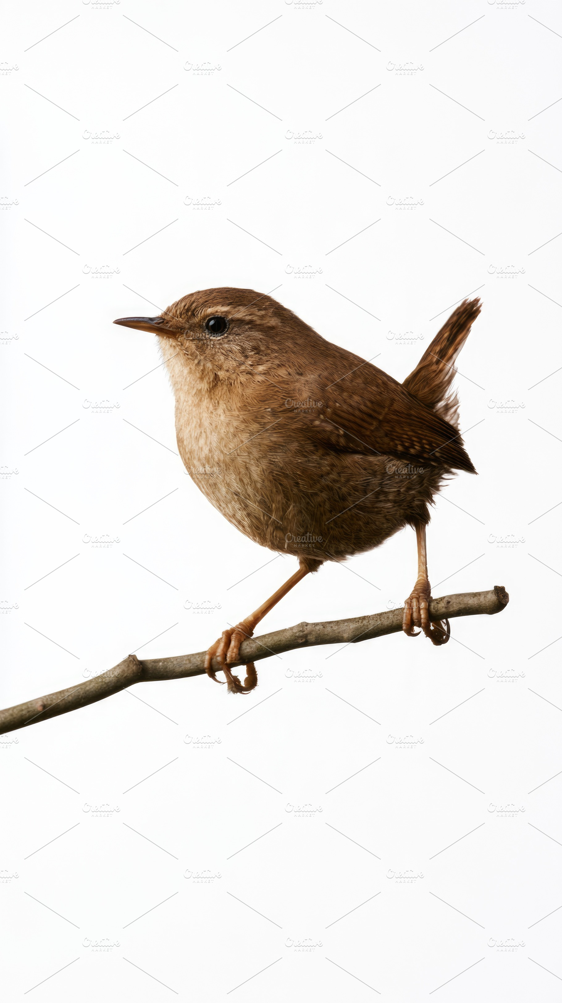 Eurasian wren perched on branch isolated on white background, an Animal Photo by José Manuel Gelpi