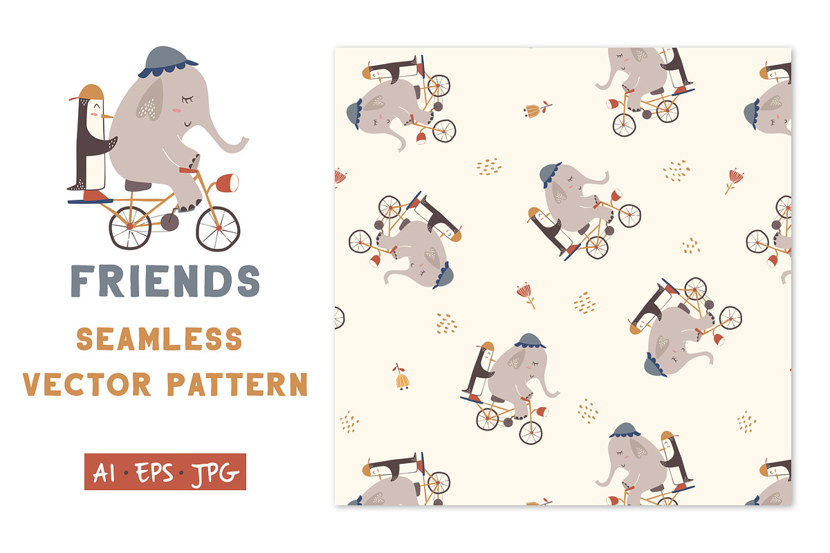 Elephant & Penguin seamless pattern, a Pattern Graphic by Marta Munte Designs