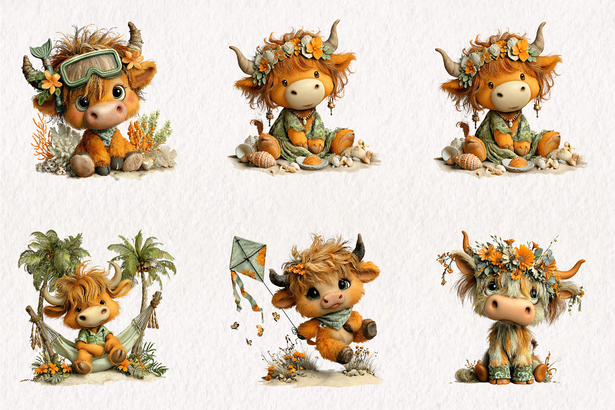 Whimsical Summer Highland Cow Clipar, an Illustration by CreationArt (Photo 6 of 7)