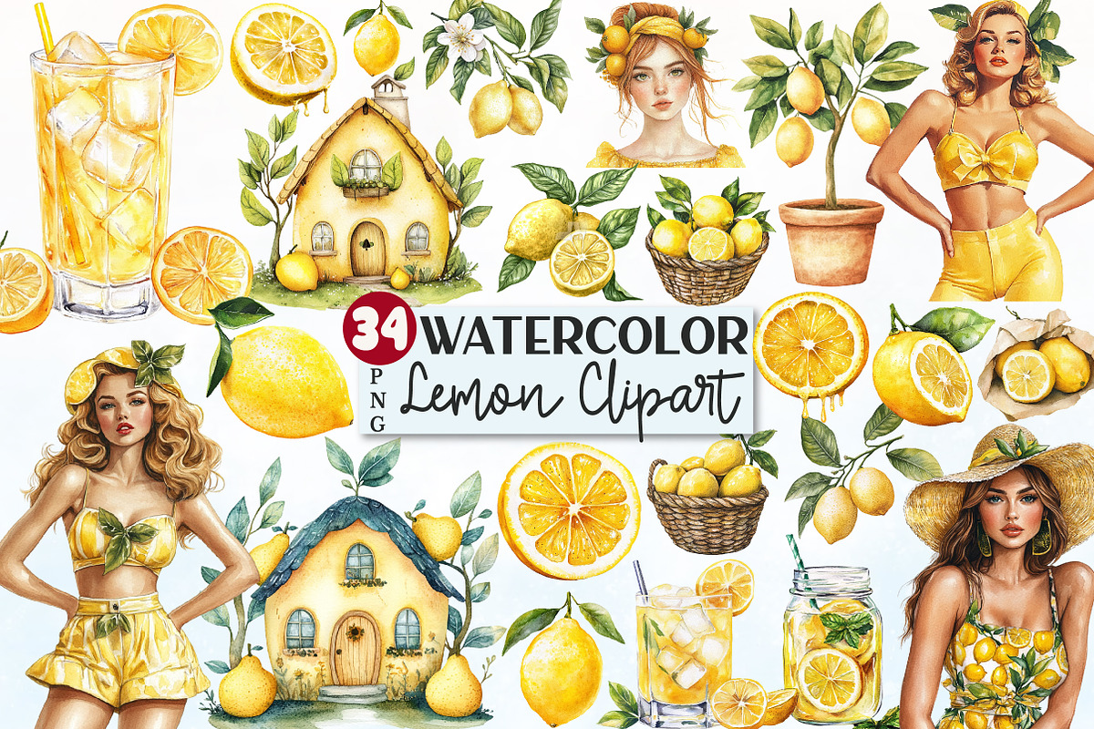 Watercolor Lemon Bundle Clipart, a Seasonal Illustration by Rose Art (Photo 1 of 4)