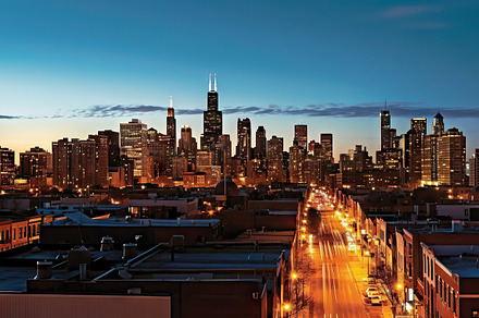 Chicago skyline panorama at sunset with urban skyscrapers and st, an Architecture Photo by AS photostudio