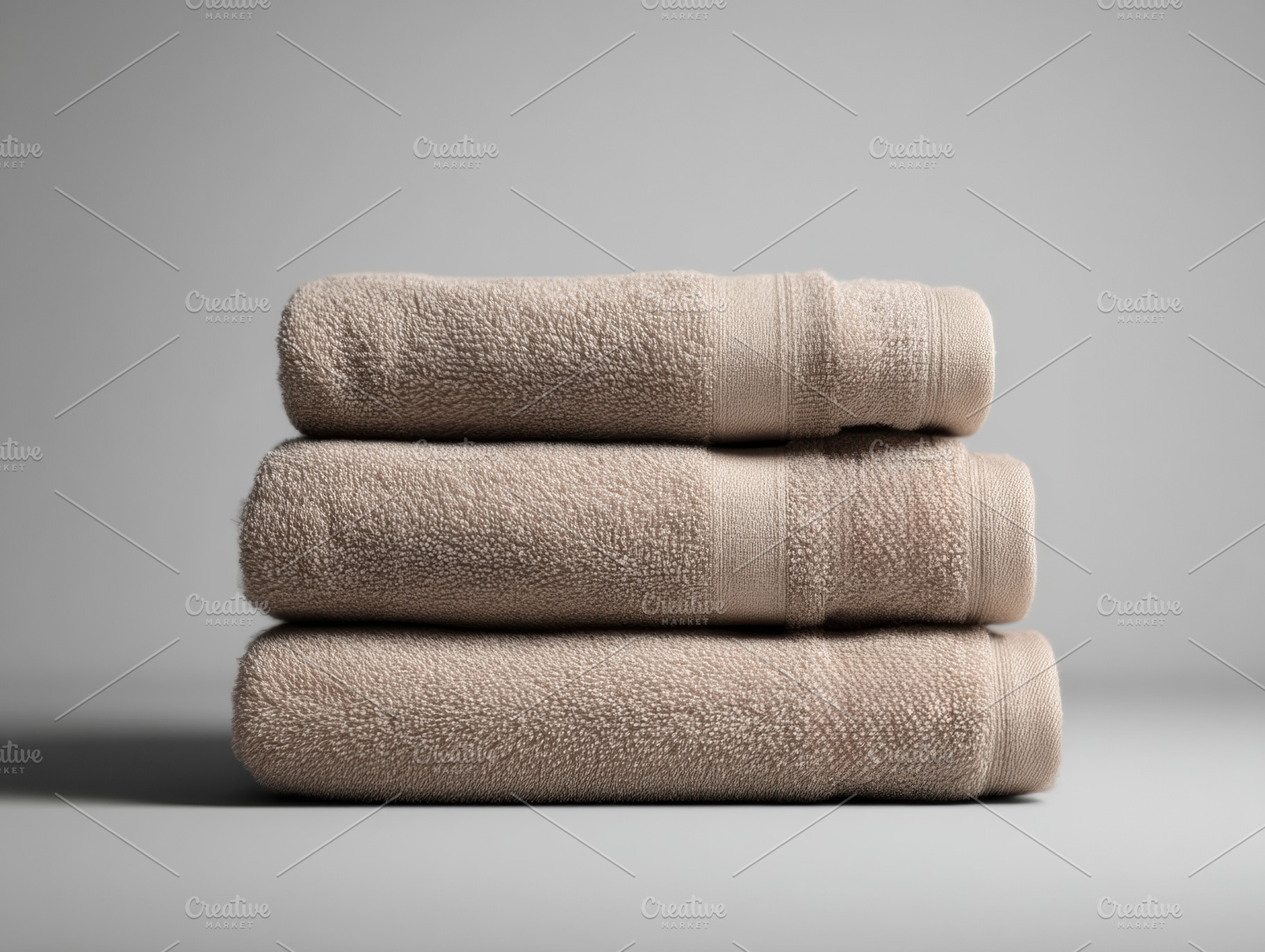 Stack of three folded beige towels, a Beauty & Fashion Photo by Virgo Studio
