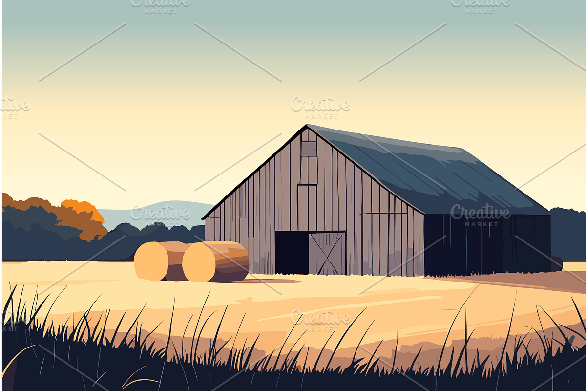 Old barn and hay bales horizontal, an Illustration by Valerie Bodnar