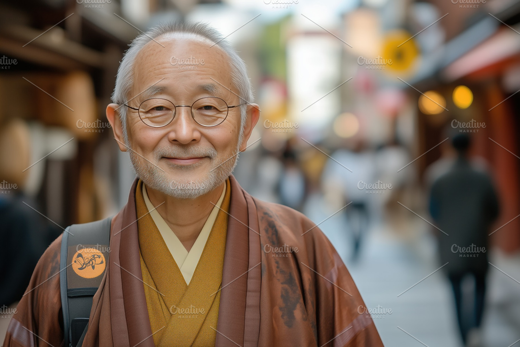 Japanologist. A smiling elderly man wearing traditional Japanese clothing stand, a Person Photo by Textures & Backgrounds
