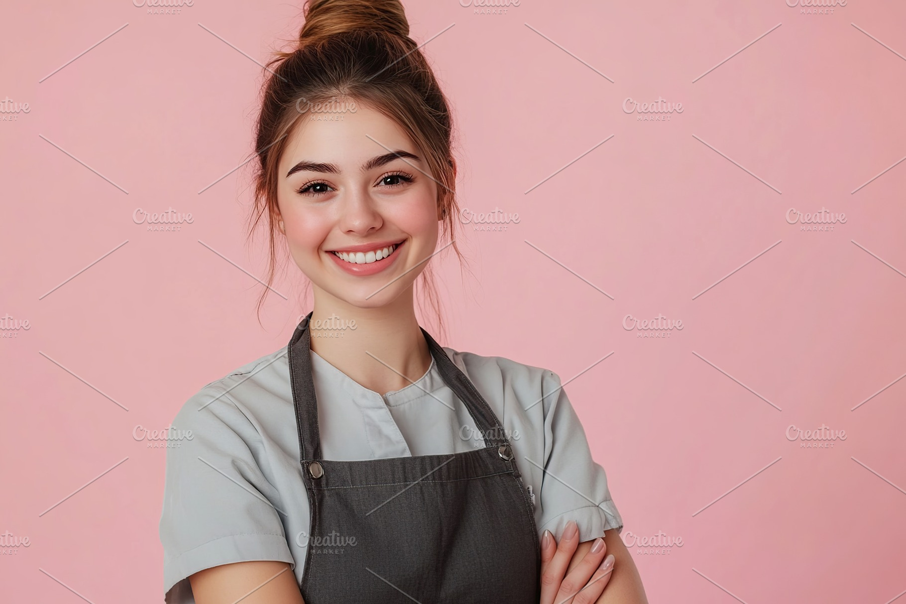 Cute young female housekeeper in uniform on pink background, a Person Photo by AlyaAnd