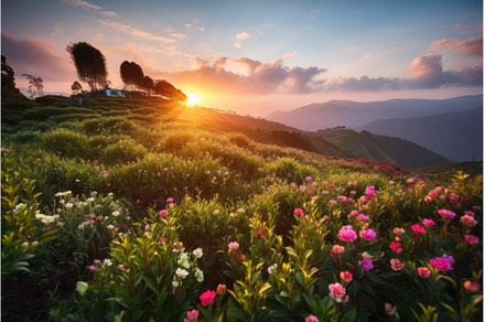 tea plantation sunset with the sun, a Nature Photo by Sergey Kotenev