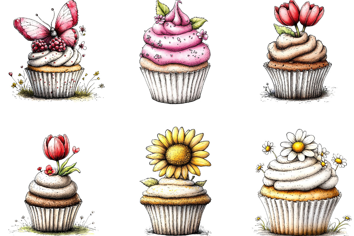 Watercolor Spring Cupcake Clipart, an Illustration by Designking (Photo 4 of 5)