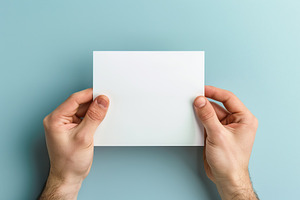 Male hands with blank sheet of paper on blue background, a Photo by AlyaAnd