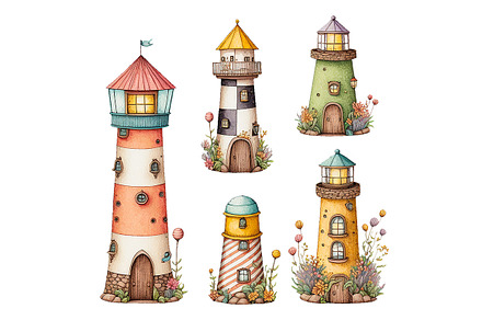 Colorful watercolor lighthouses set, an Illustration by Bubert Art