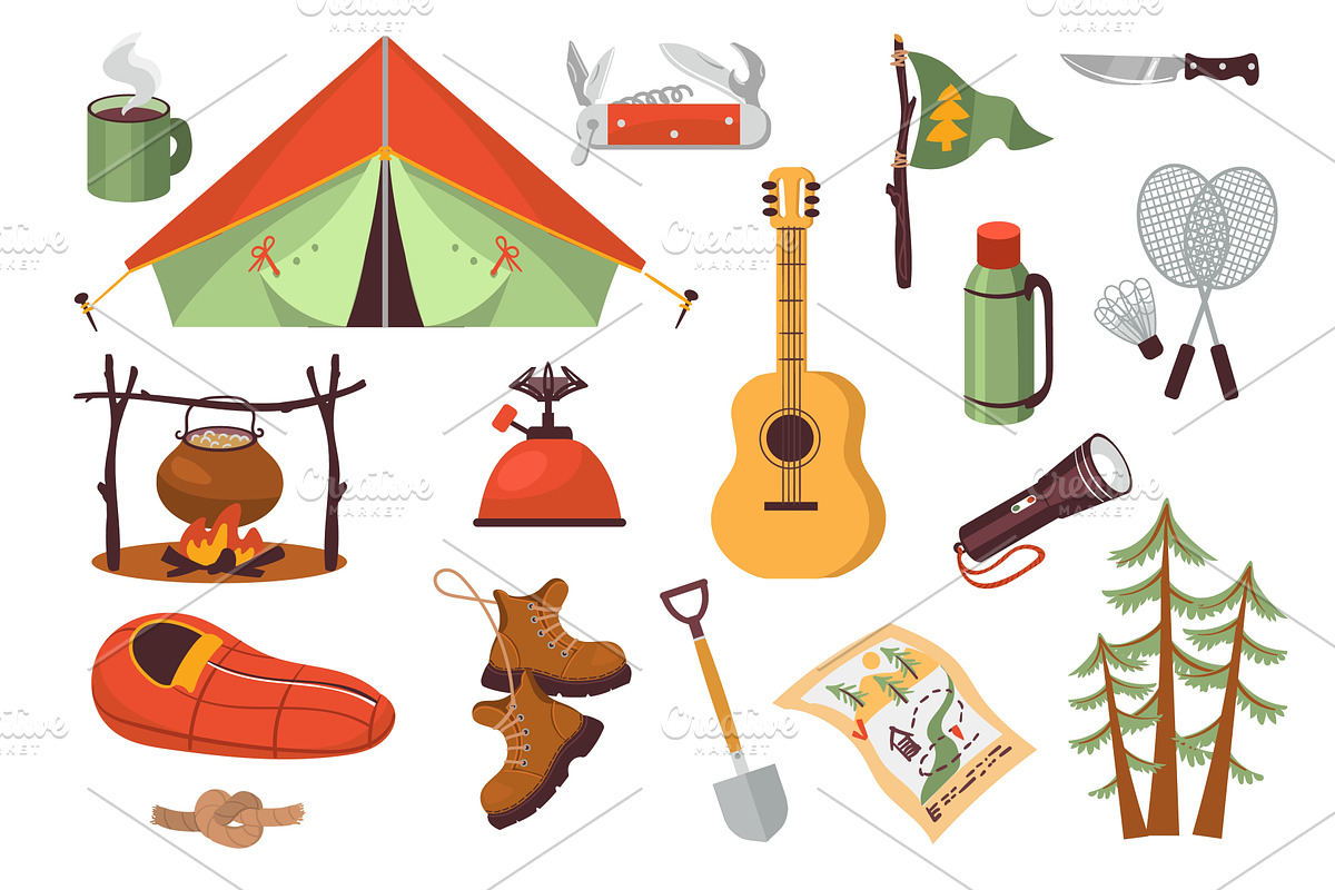 Camping elements. Cartoon hiking kit, an Object Illustration by Vectorbuum