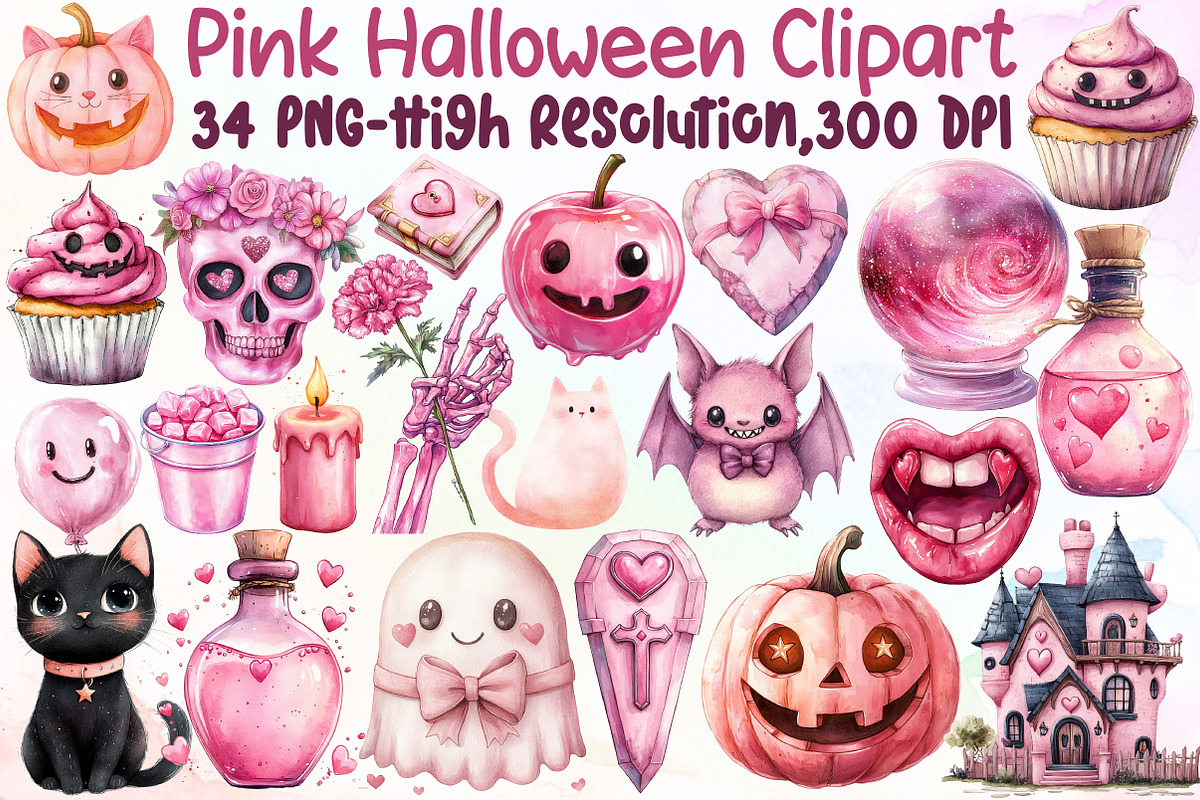 Pink Halloween Clipart, Cute Hallowe, an Illustration by Sublimation Artist (Photo 1 of 6)