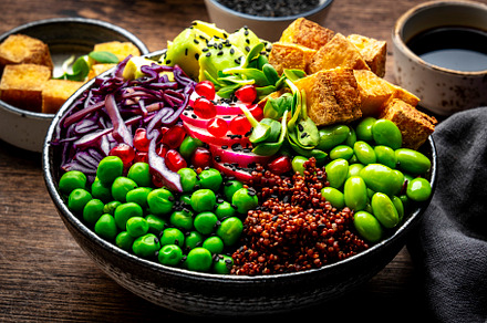 Vegan buddha bowl with red quinoa, fried tofu, avocado, edamame, a Food & Drink Photo by 5PH