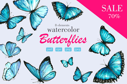 Set of watercolor blue butterflies
