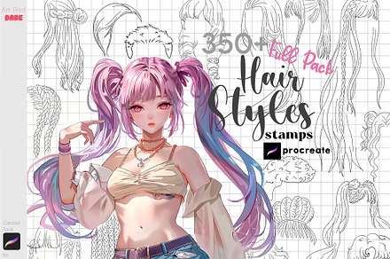 Procreate Hair Styles Anime Chibi, a Brush Add-On by ArtPrintBabe