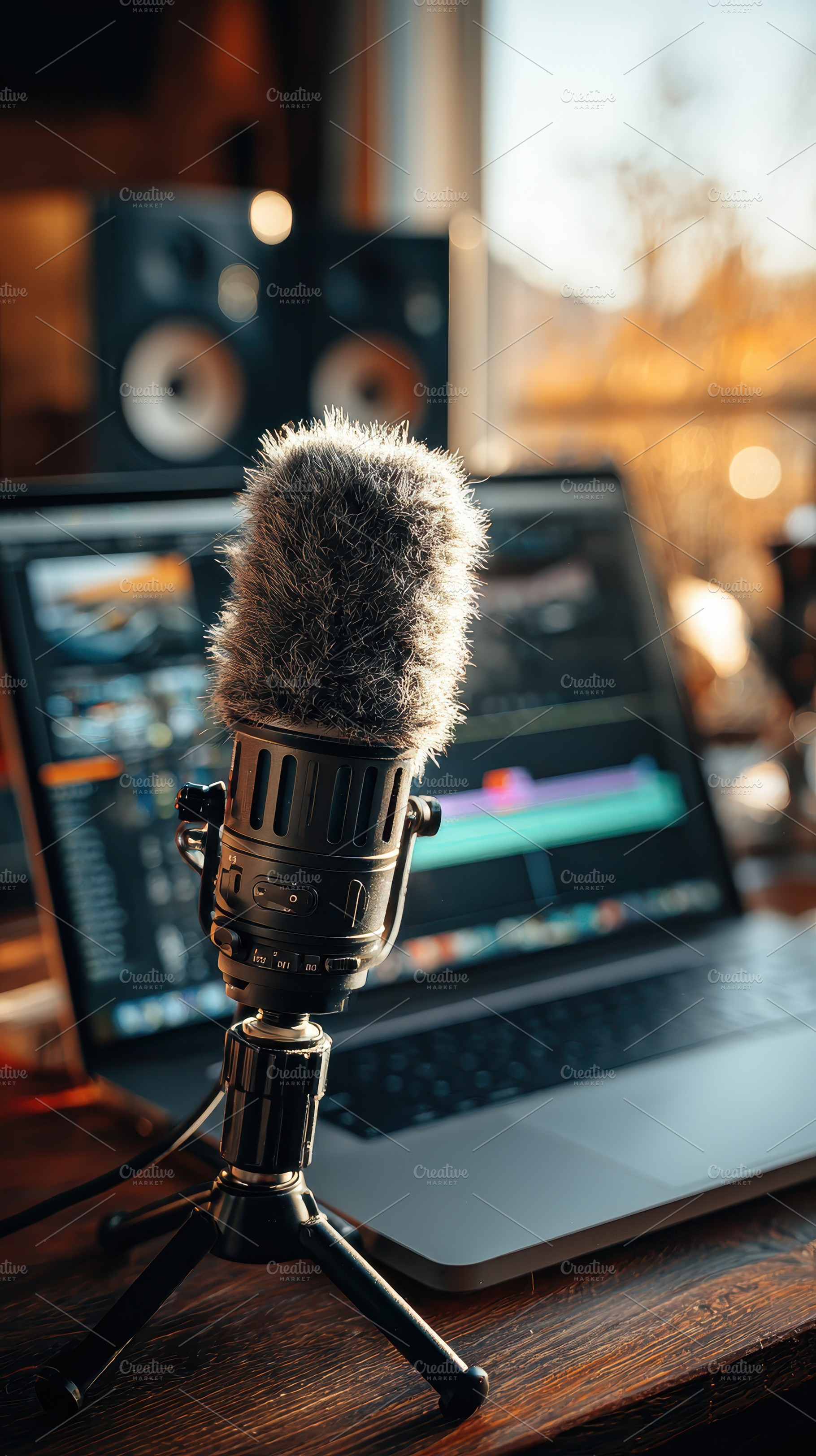 Studio microphone on laptop near spe, a Photo by Pixeness Studio