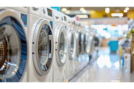 Row of washing machines on display, a Technology Photo by Lermont51
