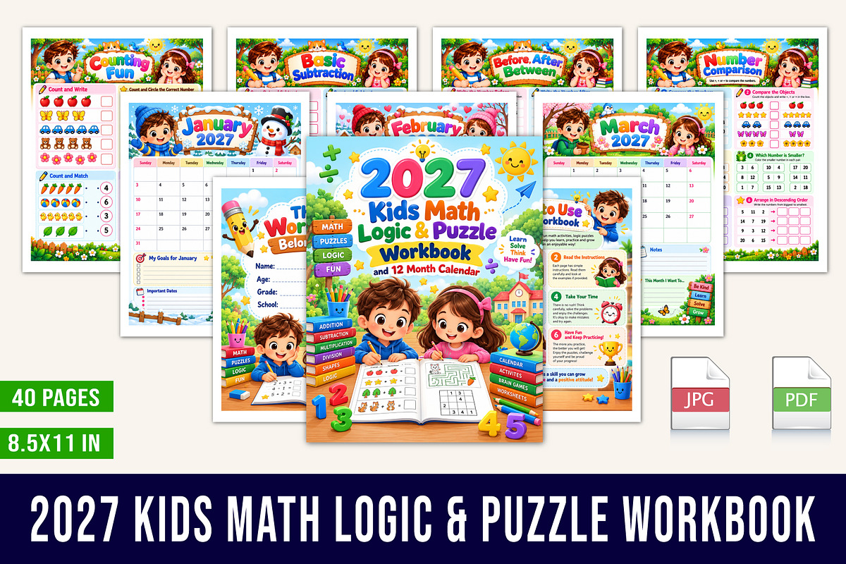 2027 Kids Math Logic & Puzzle Work, a Stationery Template by Designmela01 (Photo 1 of 5)