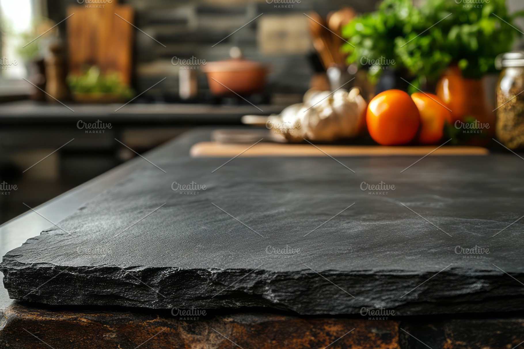 A rustic kitchen countertop with fresh ingredients, featuring vibrant oranges a, a Background Photo by ImageMir
