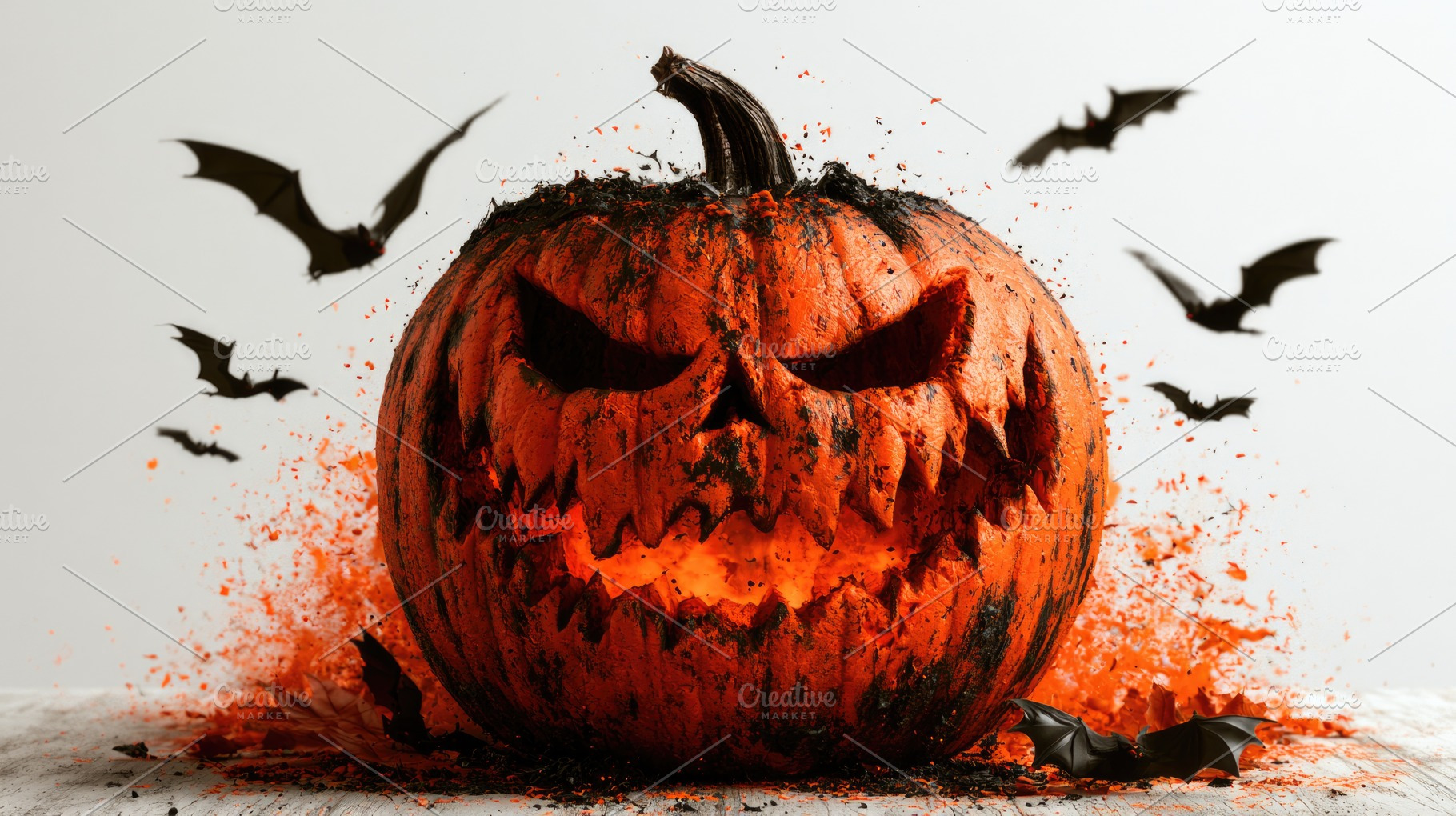 Scary Halloween pumpkin with flying bats, a Background Photo by José Manuel Gelpi