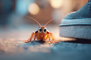 Insect with exaggerated eyes encounters a shoe on an urban street at sunset, a Photo by AlyaAnd