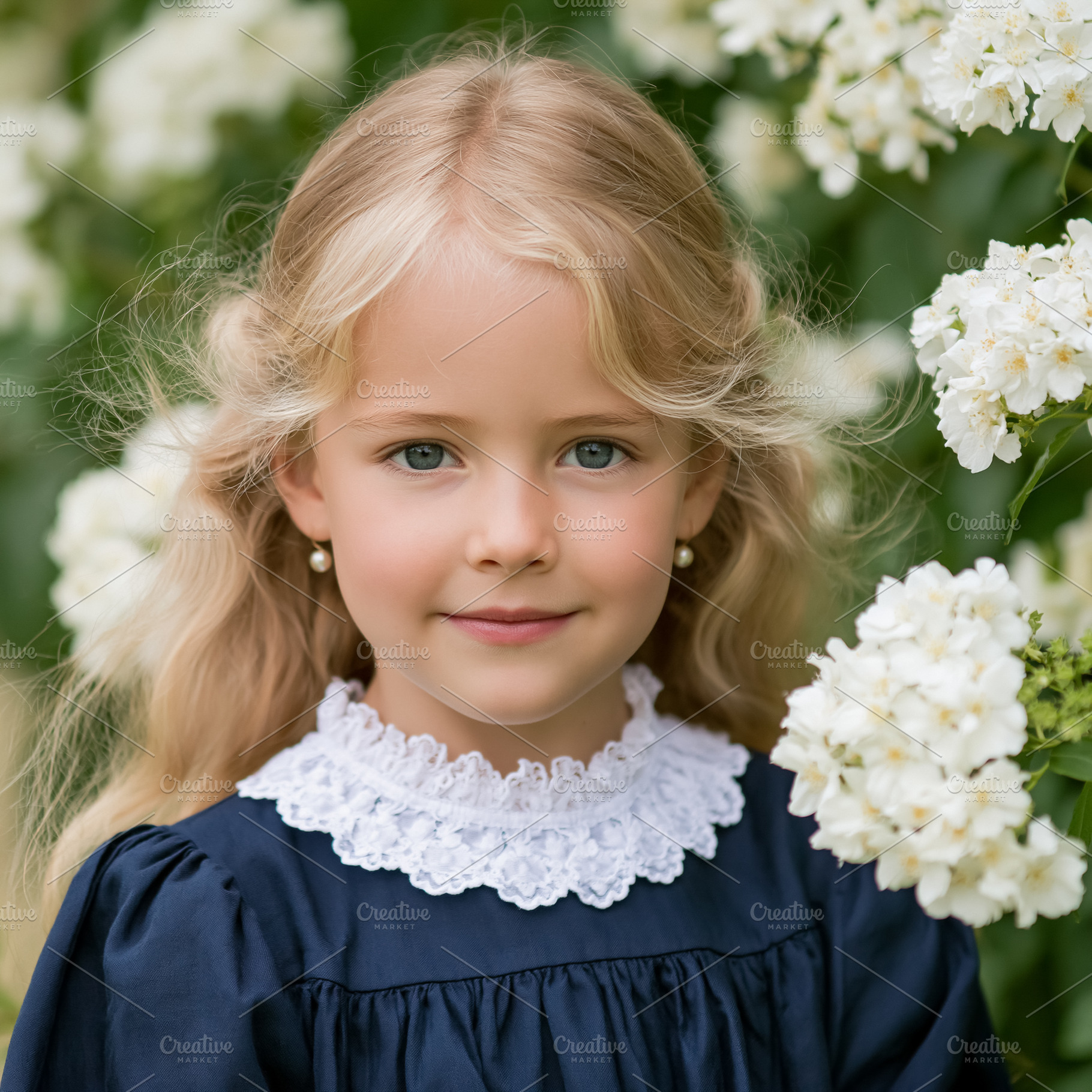Little girl smiling, having blonde hair, blue eyes, wearing lace, a Person Photo by Studio ANNA