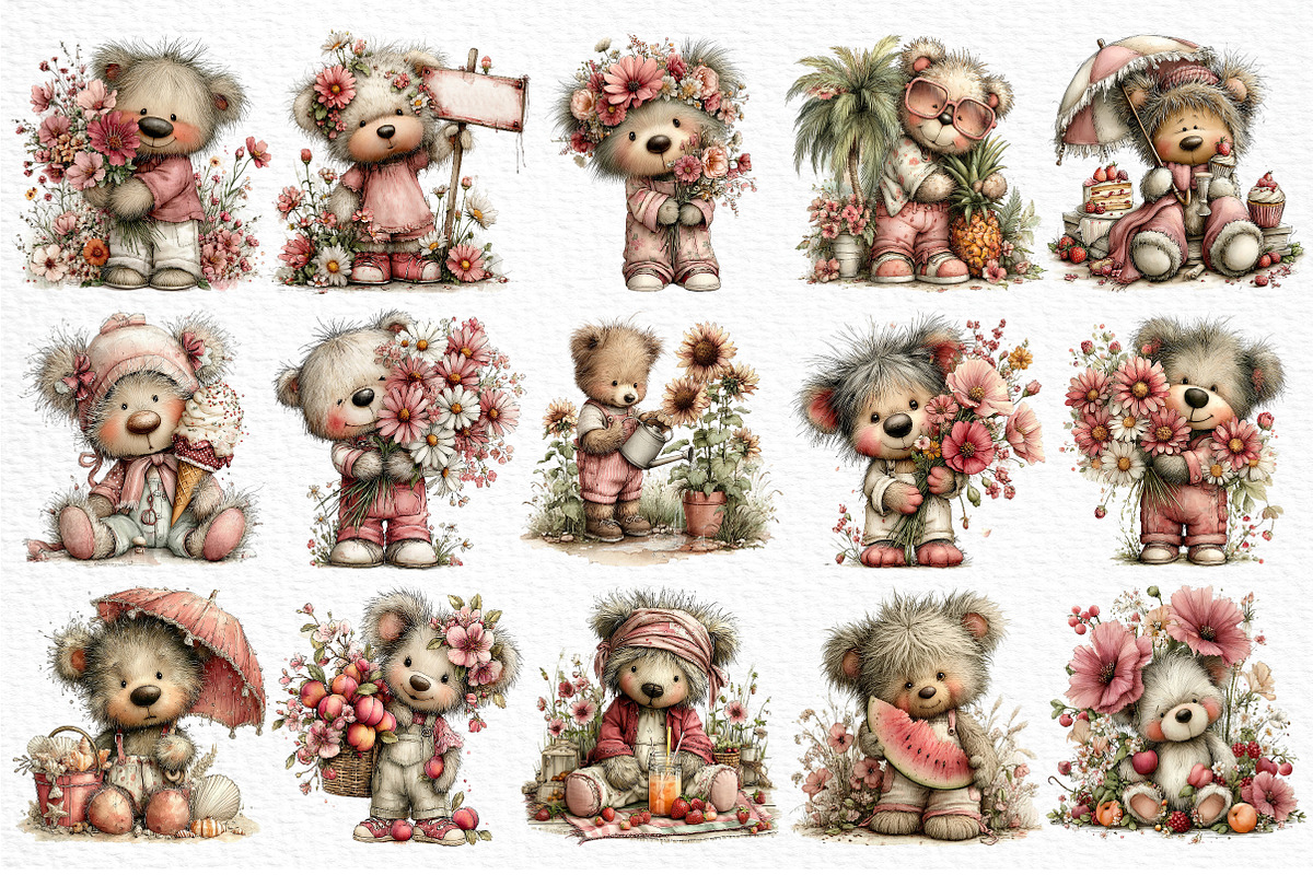 Whimsical Summer Teddy Bear Clipart, an Illustration by Craft Nest (Photo 6 of 12)