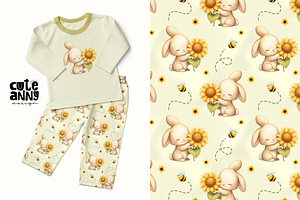 Cute Pattern with Bunny Sunflower, a Pattern Graphic by Cuteanny Design
