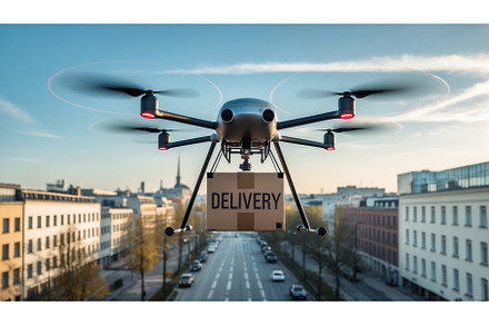 Drone delivering package labeled